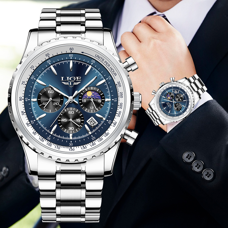 Smartwatch Watches For Men Brands - LIGE 남성용 럭셔리 쿼츠 시계, 문페이즈