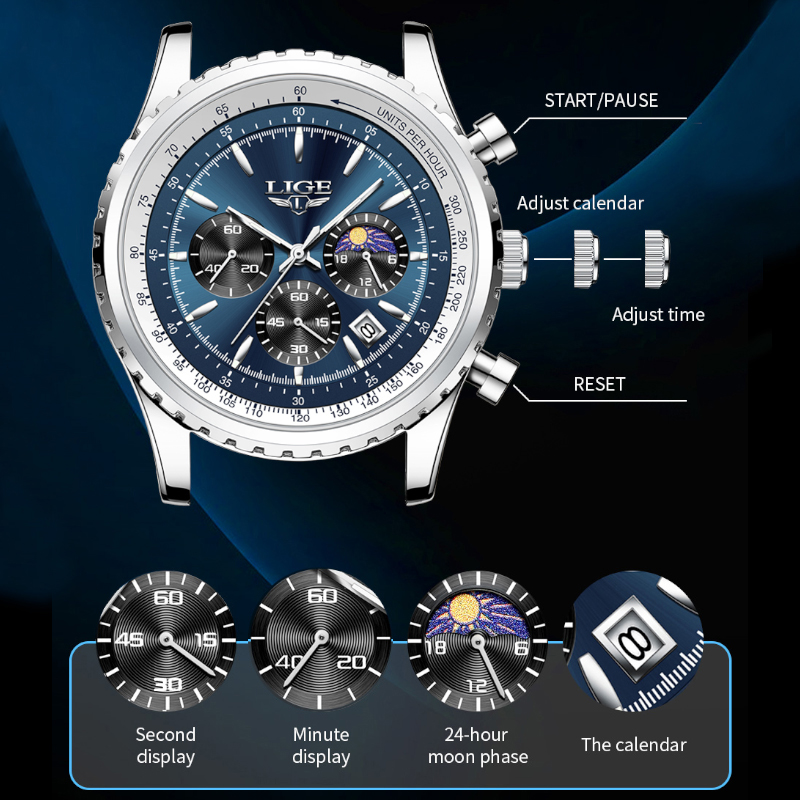 LIGE 남성용 럭셔리 쿼츠 시계, 문페이즈 스테인리스 - Smartwatch Watches For Men Brands 리뷰 및 가격